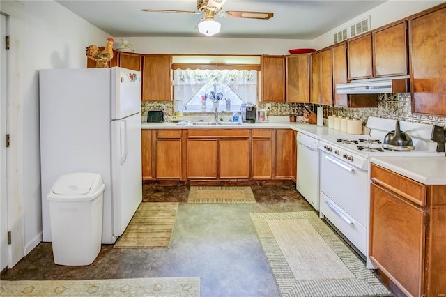 kitchen with brown cabinets, under cabinet range hood, a sink, backsplash, and white appliances