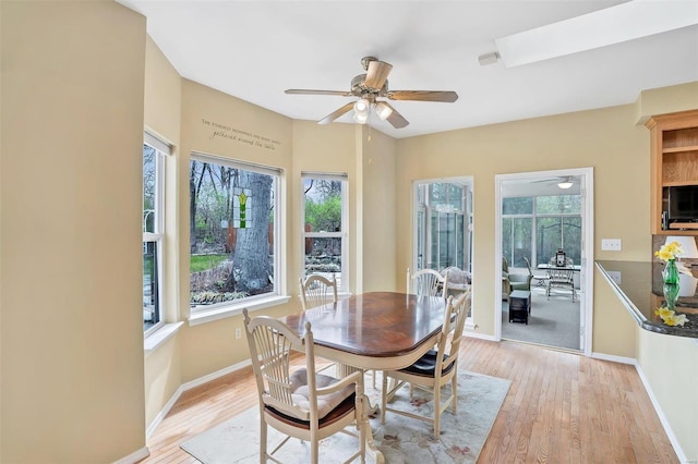 dining area featuring light wood-type flooring, a wealth of natural light, and ceiling fan