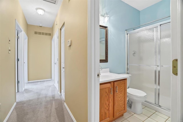 bathroom featuring a shower stall, visible vents, toilet, and vanity