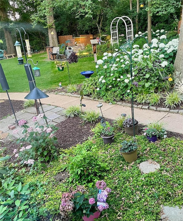view of community featuring fence and a yard