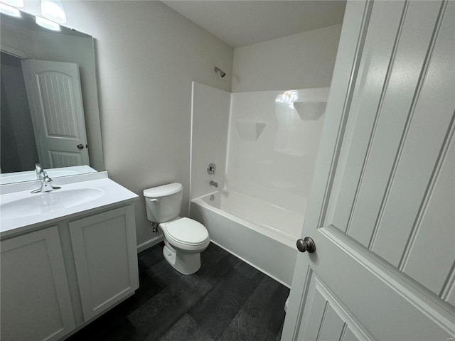 bathroom with toilet, wood finished floors, bathing tub / shower combination, vanity, and baseboards