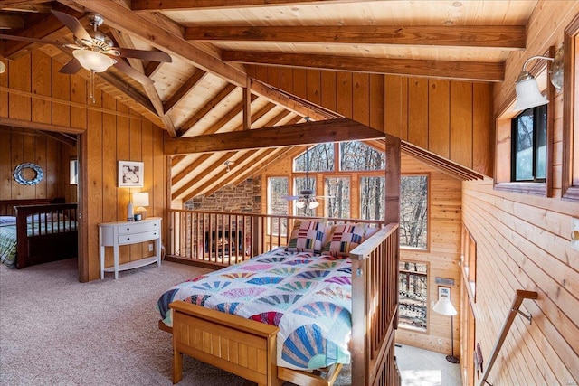 carpeted bedroom featuring vaulted ceiling with beams, wood walls, and wood ceiling