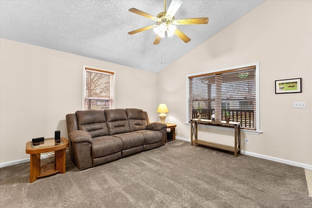 carpeted living room featuring lofted ceiling, a textured ceiling, and baseboards