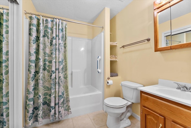 bathroom with a textured ceiling, tile patterned flooring, toilet, vanity, and shower / bathtub combination with curtain