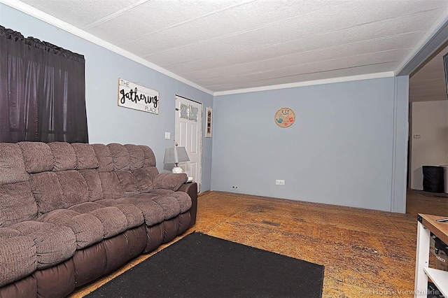 living area with ornamental molding