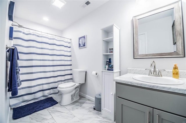 full bathroom with marble finish floor, visible vents, toilet, vanity, and baseboards