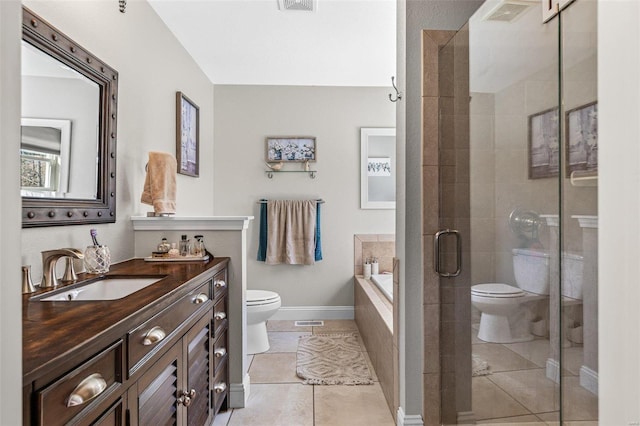 bathroom with visible vents, toilet, a shower stall, and tile patterned flooring