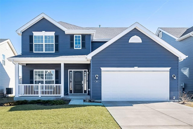 traditional home with a garage, covered porch, central AC, and a front yard