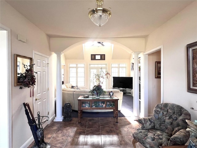 interior space with arched walkways and decorative columns