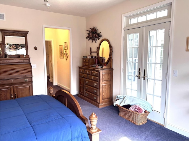 carpeted bedroom with baseboards, french doors, visible vents, and access to exterior