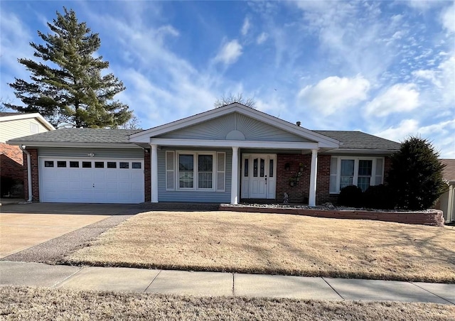 ranch-style house featuring driveway, a garage, a porch, and brick siding