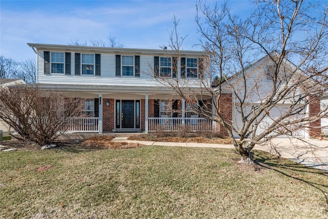 view of front of home featuring a front yard, a porch, concrete driveway, a garage, and brick siding