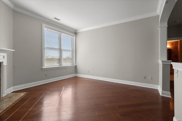 unfurnished living room featuring arched walkways, baseboards, dark wood-style floors, a fireplace with flush hearth, and ornamental molding