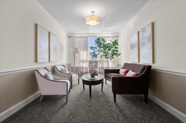 living area with ornamental molding, carpet, and baseboards