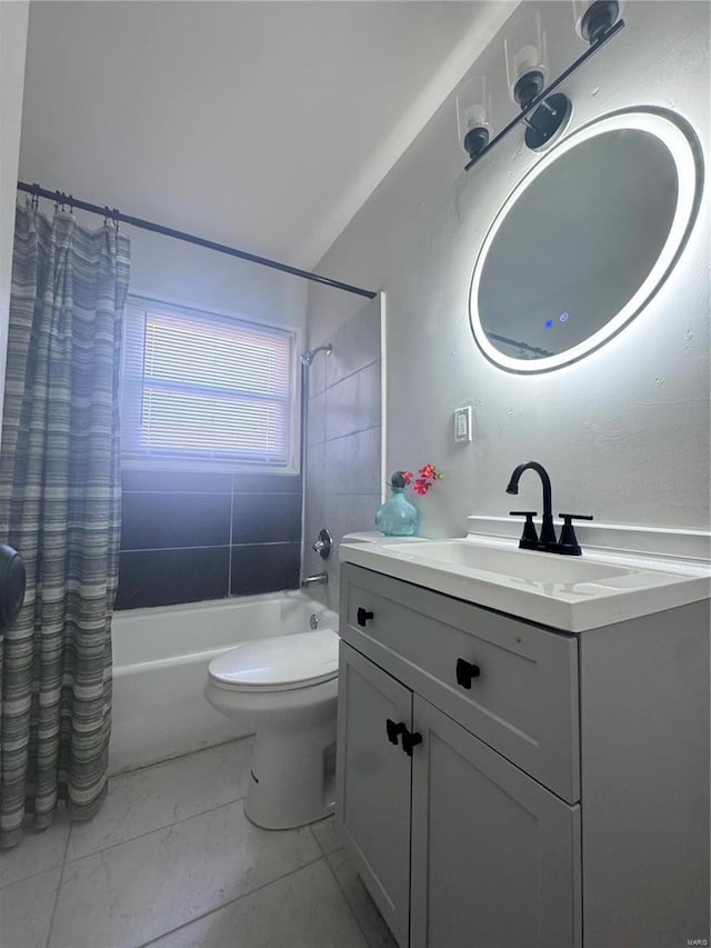 bathroom with vanity, toilet, and shower / tub combo with curtain