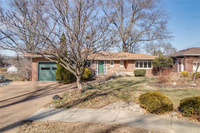 single story home with brick siding, driveway, a front lawn, and a garage