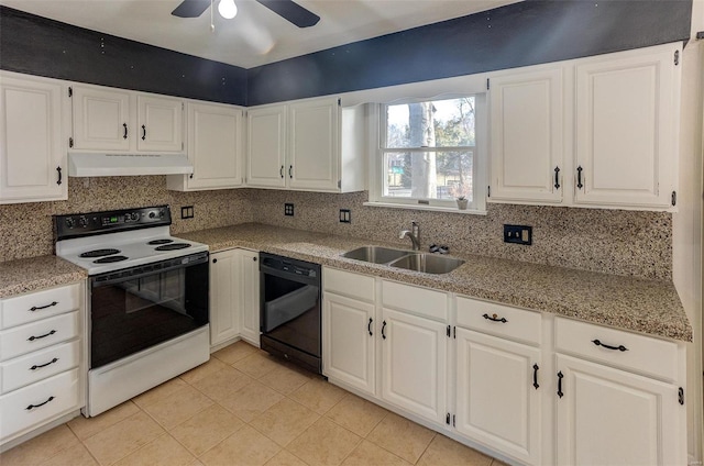 kitchen with range with electric cooktop, dishwasher, backsplash, under cabinet range hood, and a sink