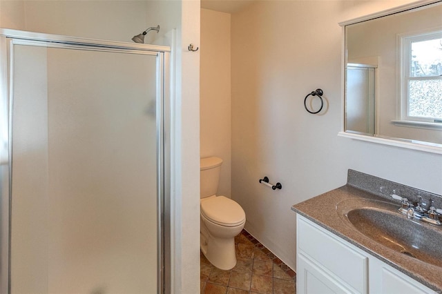 full bath with toilet, a stall shower, and vanity