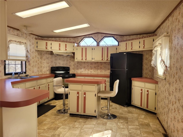 kitchen with lofted ceiling, under cabinet range hood, a sink, black appliances, and wallpapered walls