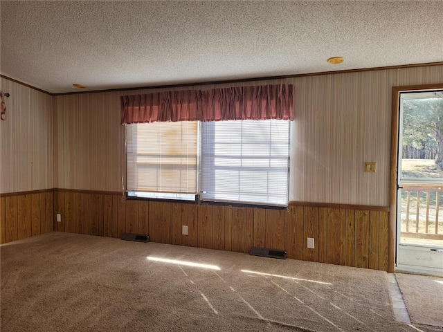 spare room with a textured ceiling, wood walls, wainscoting, and carpet flooring