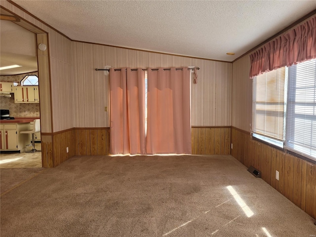 carpeted spare room with a wainscoted wall, a textured ceiling, and wooden walls