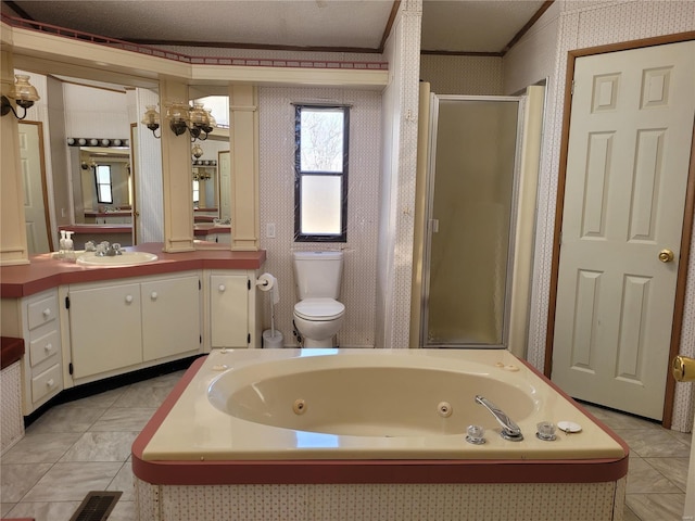 full bath with toilet, ornamental molding, a jetted tub, a stall shower, and wallpapered walls