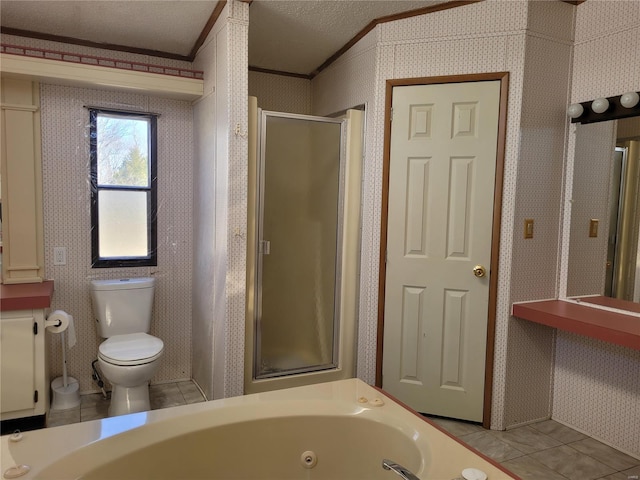 full bathroom with ornamental molding, a shower stall, tile patterned floors, a whirlpool tub, and wallpapered walls