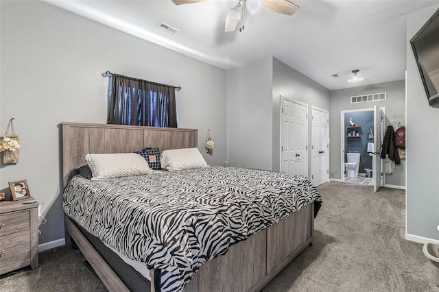 carpeted bedroom with baseboards, visible vents, and ceiling fan