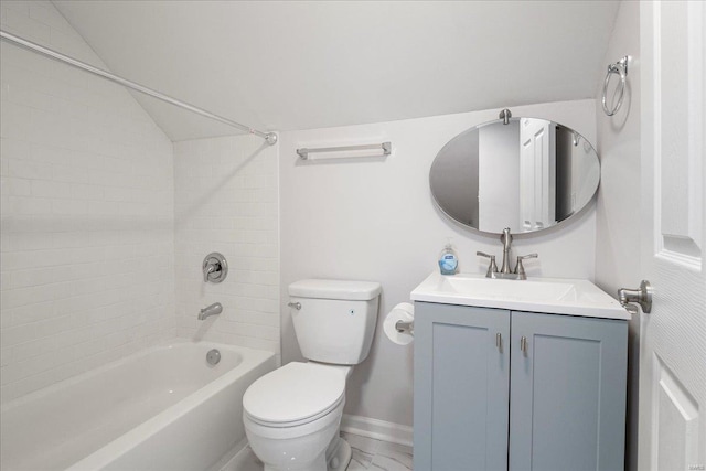 full bath featuring shower / bathtub combination, toilet, vanity, vaulted ceiling, and marble finish floor