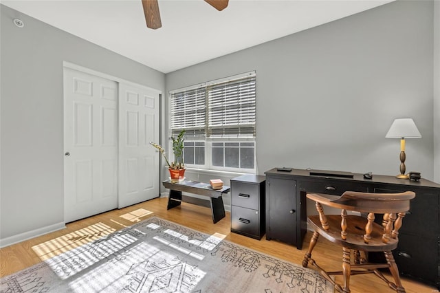 home office with baseboards, light wood-style flooring, and a ceiling fan
