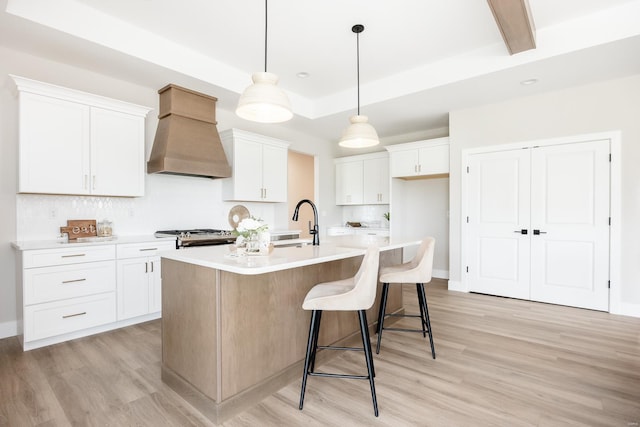 kitchen featuring light wood-style floors, a tray ceiling, white cabinets, and custom exhaust hood