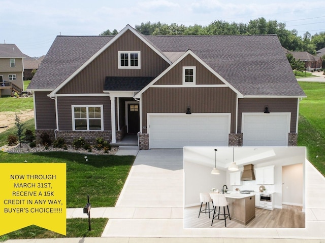 craftsman-style house with driveway, a shingled roof, and a front yard