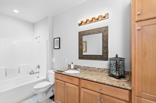 bathroom with shower / washtub combination, tile patterned flooring, vanity, and toilet