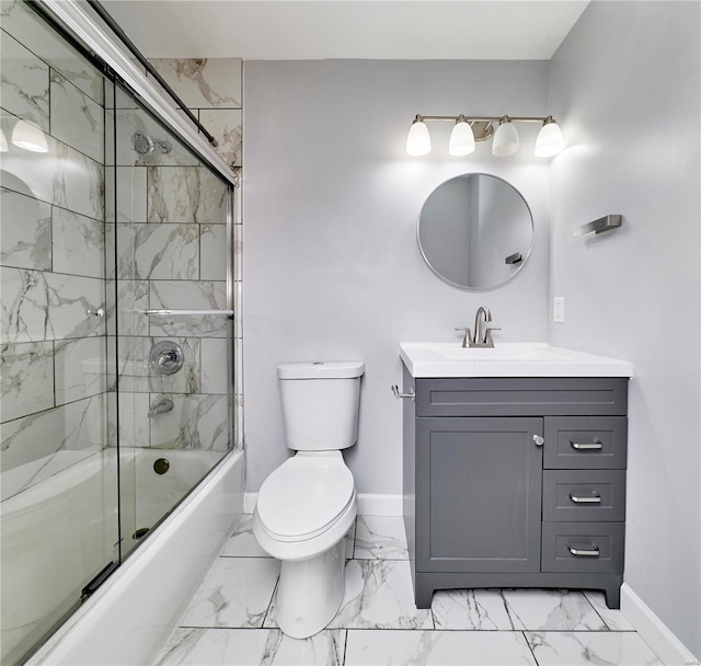 full bathroom with toilet, marble finish floor, vanity, and baseboards