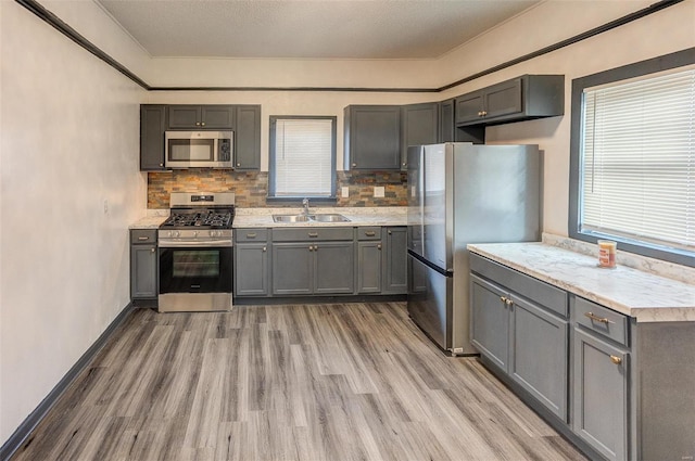 kitchen featuring light countertops, backsplash, appliances with stainless steel finishes, light wood-style floors, and a sink