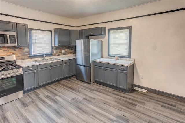 kitchen with stainless steel appliances, light wood-type flooring, a sink, and decorative backsplash