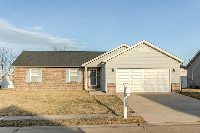 ranch-style house featuring a garage, concrete driveway, brick siding, and a front lawn