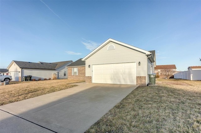 ranch-style home with brick siding, concrete driveway, a front yard, fence, and a garage