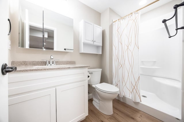 bathroom featuring toilet, wood finished floors, a shower with curtain, and vanity