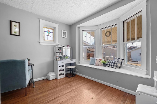 home office featuring plenty of natural light, a textured ceiling, baseboards, and wood finished floors