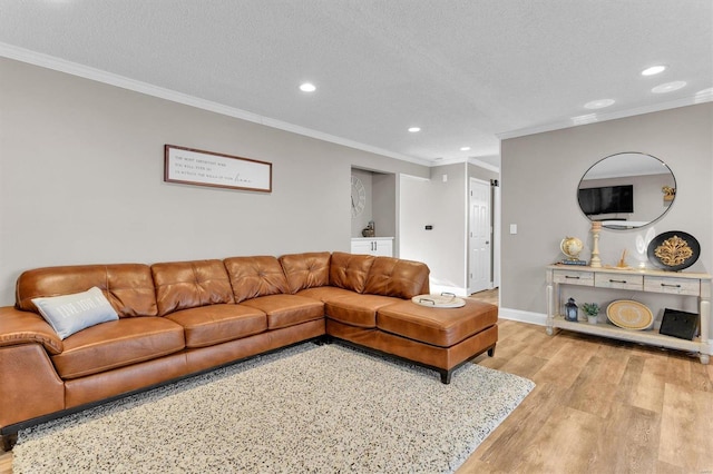 living room featuring crown molding, light wood-style floors, and a textured ceiling