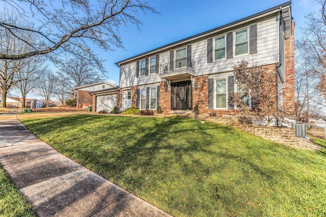 view of front of house featuring a front lawn, a garage, cooling unit, and brick siding