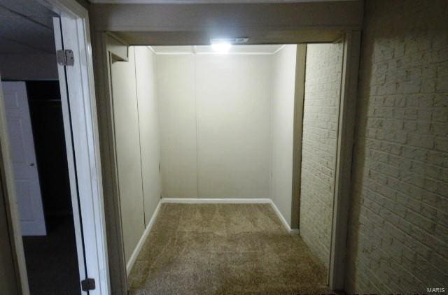 basement with carpet floors and brick wall