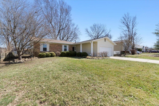 ranch-style house featuring brick siding, driveway, an attached garage, and a front yard