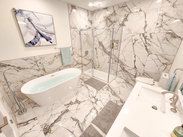 bathroom featuring stone wall, tile walls, a freestanding bath, marble finish floor, and a marble finish shower