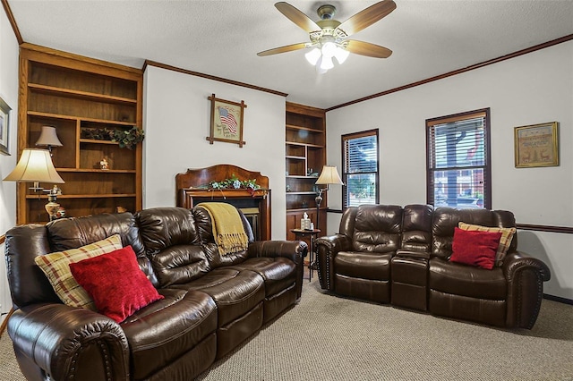 carpeted living area with built in features, crown molding, a ceiling fan, and a textured ceiling