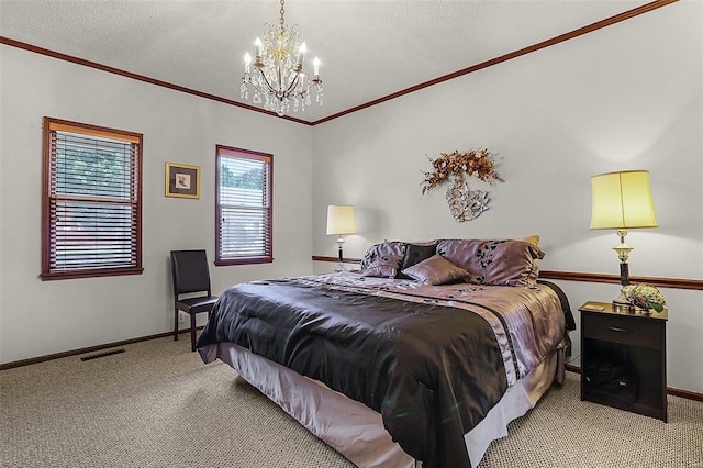 carpeted bedroom with ornamental molding, visible vents, and baseboards