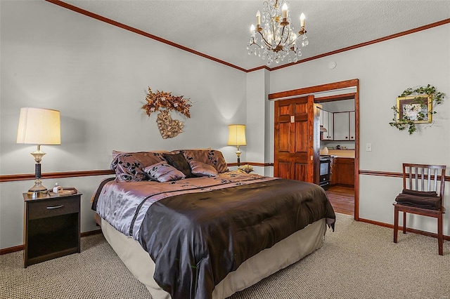 carpeted bedroom featuring a notable chandelier, baseboards, ornamental molding, and a textured ceiling