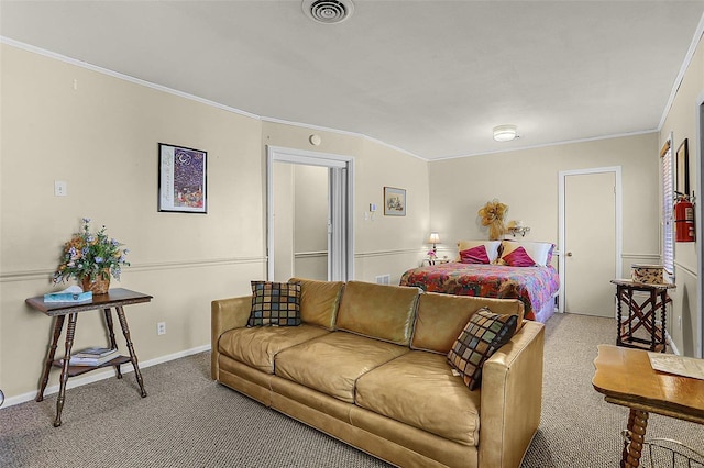 bedroom with baseboards, carpet flooring, visible vents, and crown molding