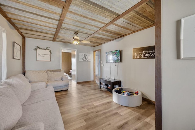 living area featuring wooden ceiling, baseboards, and wood finished floors